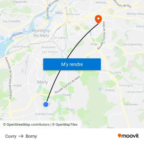 Cuvry to Borny map
