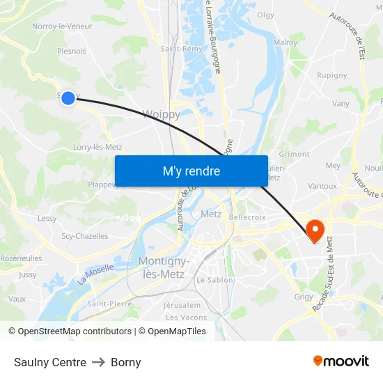 Saulny Centre to Borny map