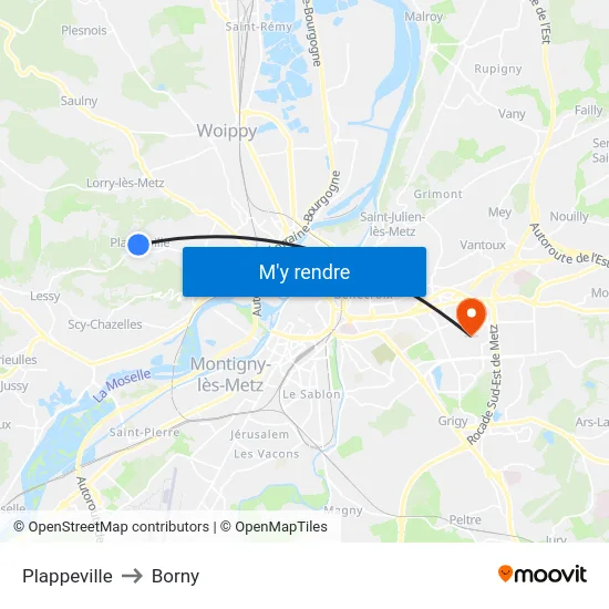 Plappeville to Borny map