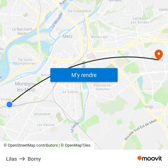 Lilas to Borny map