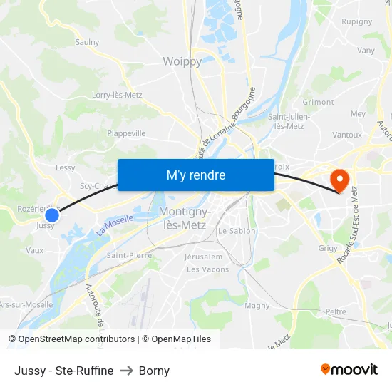 Jussy - Ste-Ruffine to Borny map