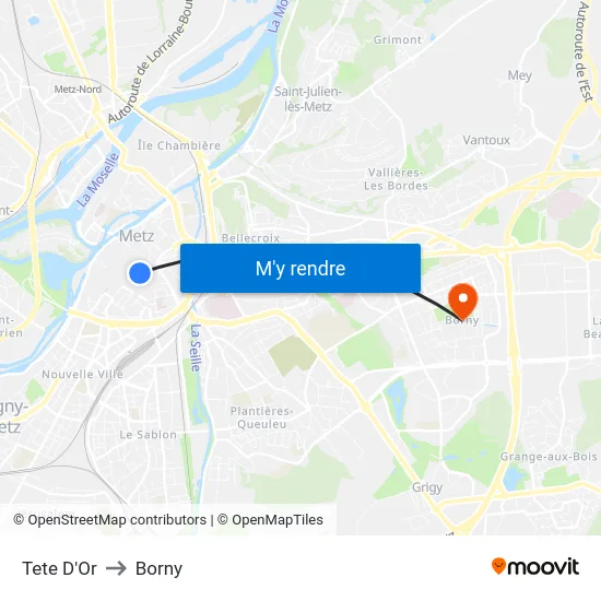 Tete D'Or to Borny map