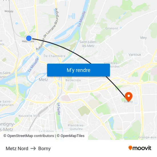Metz Nord to Borny map