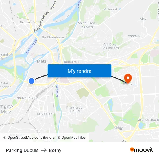 Parking Dupuis to Borny map