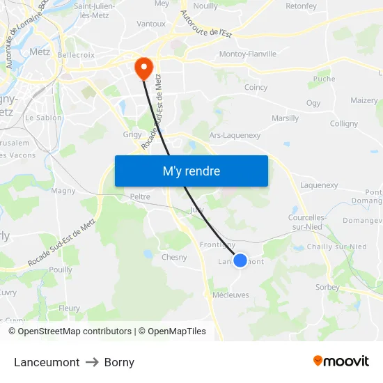 Lanceumont to Borny map