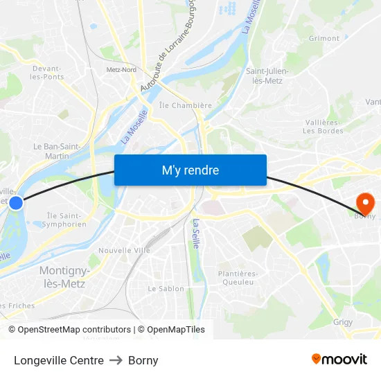 Longeville Centre to Borny map