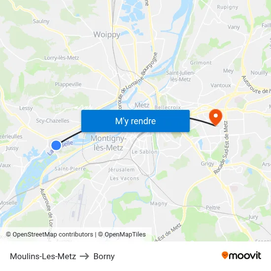 Moulins-Les-Metz to Borny map