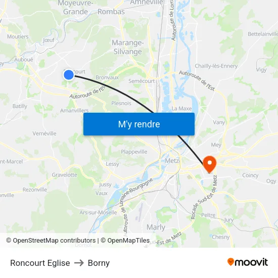 Roncourt Eglise to Borny map