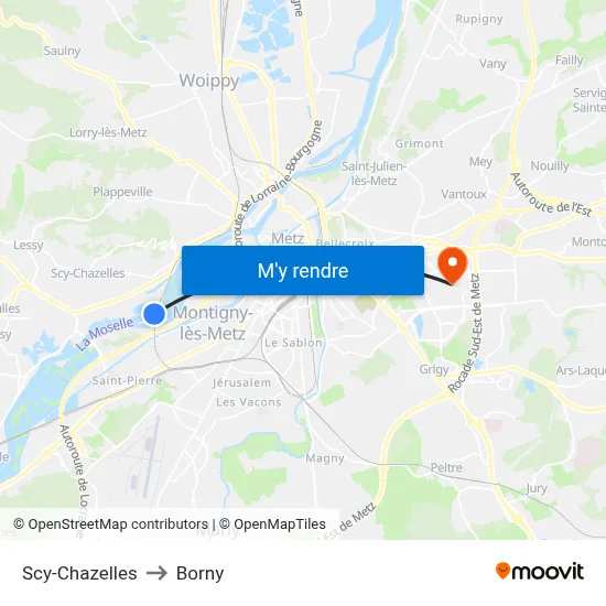 Scy-Chazelles to Borny map
