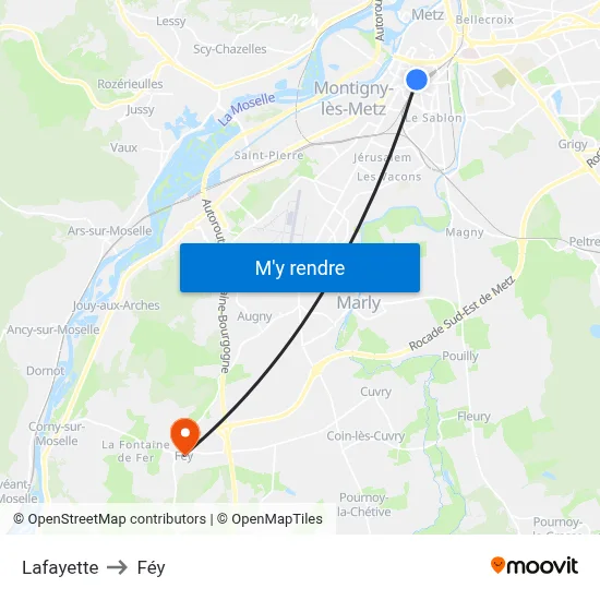 Lafayette to Féy map