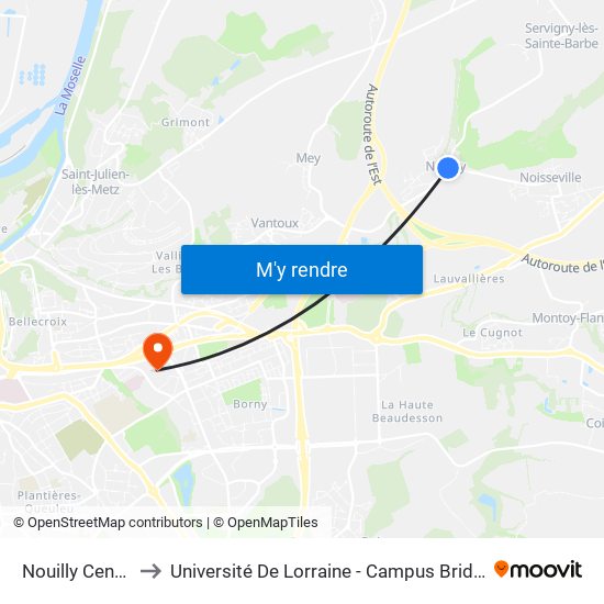 Nouilly Centre to Université De Lorraine - Campus Bridoux map