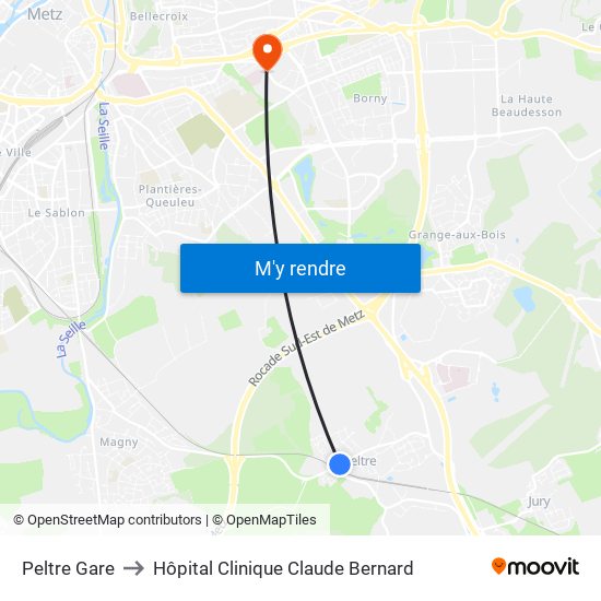 Peltre Gare to Hôpital Clinique Claude Bernard map