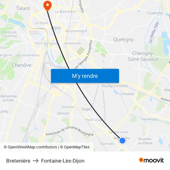 Bretenière to Fontaine-Lès-Dijon map