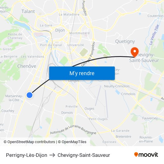 Perrigny-Lès-Dijon to Chevigny-Saint-Sauveur map