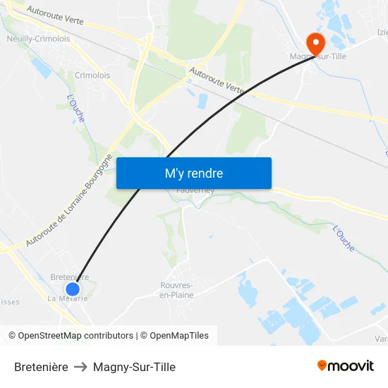 Bretenière to Magny-Sur-Tille map