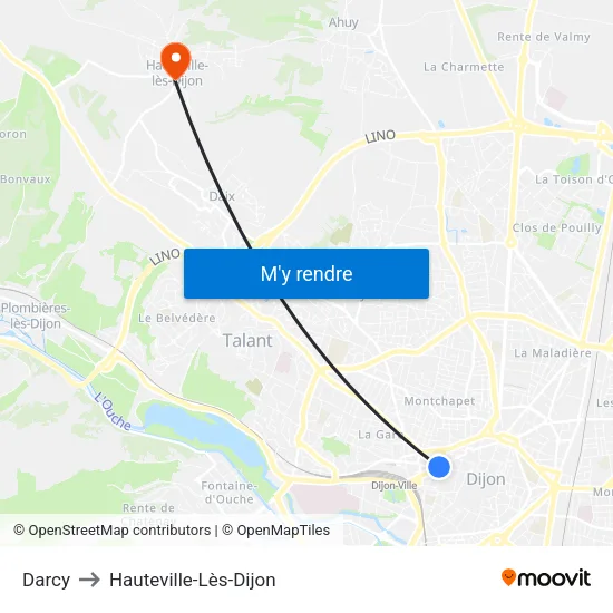 Darcy to Hauteville-Lès-Dijon map
