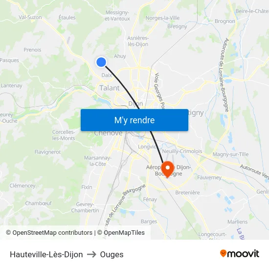 Hauteville-Lès-Dijon to Ouges map