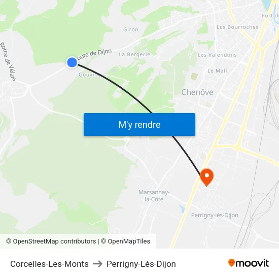 Corcelles-Les-Monts to Perrigny-Lès-Dijon map