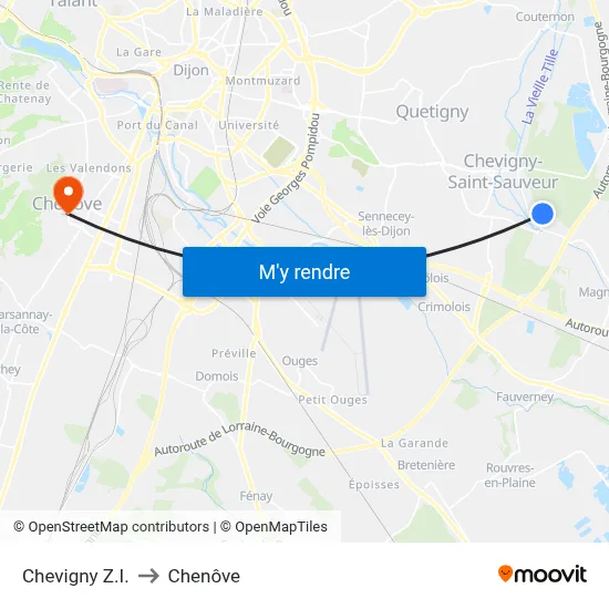 Chevigny Z.I. to Chenôve map