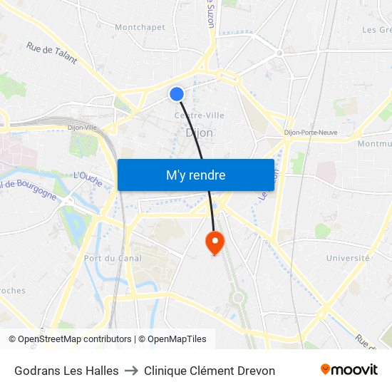 Godrans Les Halles to Clinique Clément Drevon map