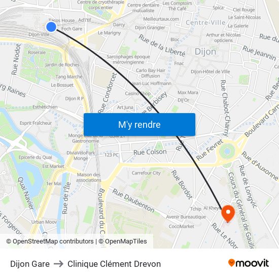 Dijon Gare to Clinique Clément Drevon map