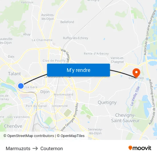Marmuzots to Couternon map