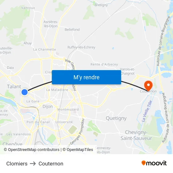 Clomiers to Couternon map