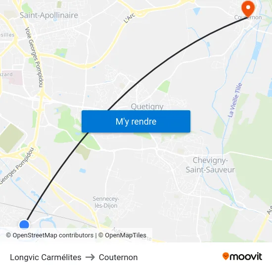 Longvic Carmélites to Couternon map