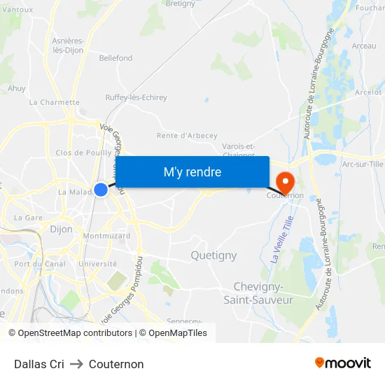Dallas Cri to Couternon map