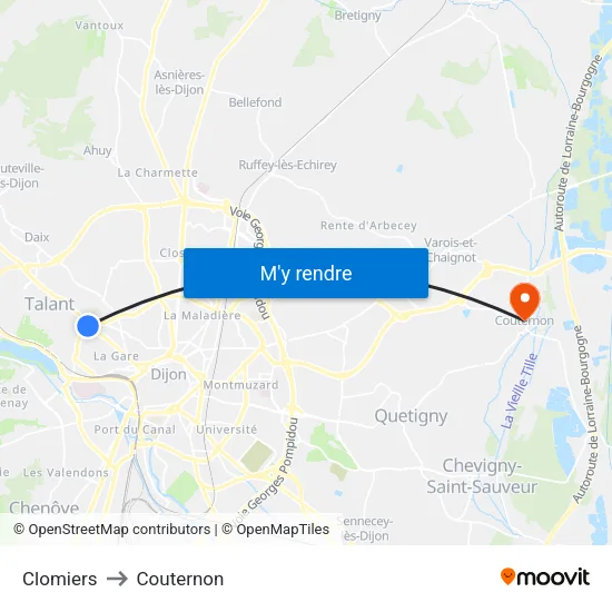 Clomiers to Couternon map