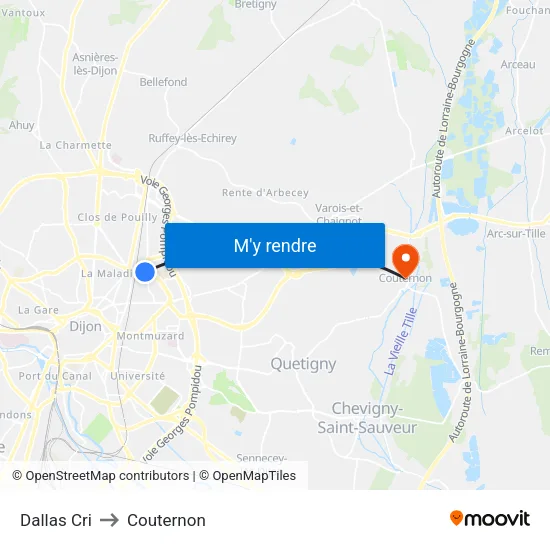 Dallas Cri to Couternon map