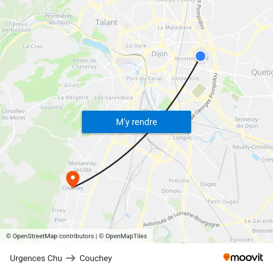 Urgences Chu to Couchey map