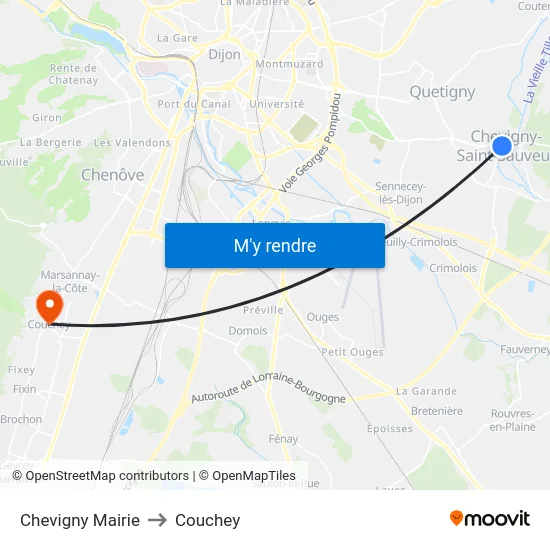 Chevigny Mairie to Couchey map