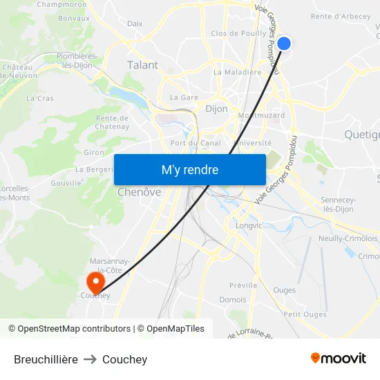 Breuchillière to Couchey map