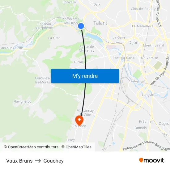 Vaux Bruns to Couchey map