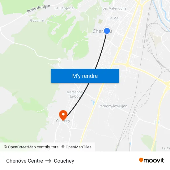 Chenôve Centre to Couchey map