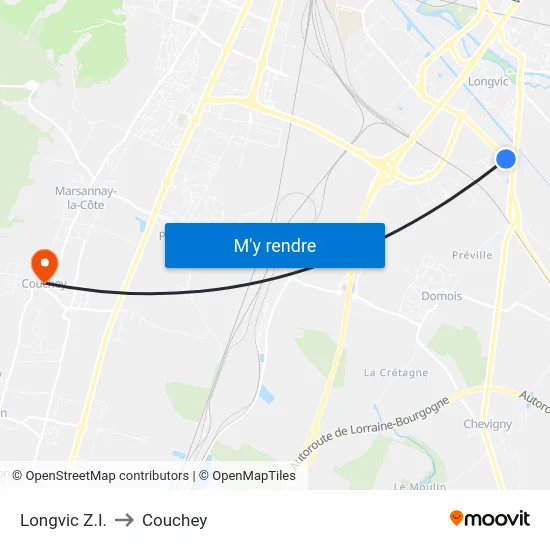 Longvic Z.I. to Couchey map