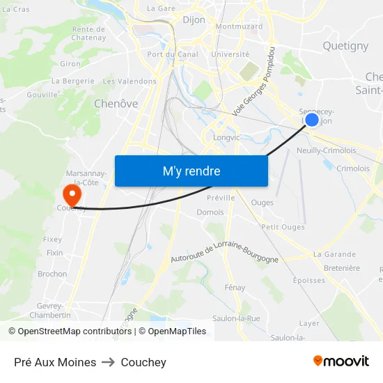 Pré Aux Moines to Couchey map