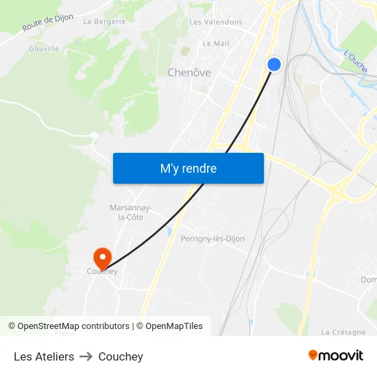 Les Ateliers to Couchey map