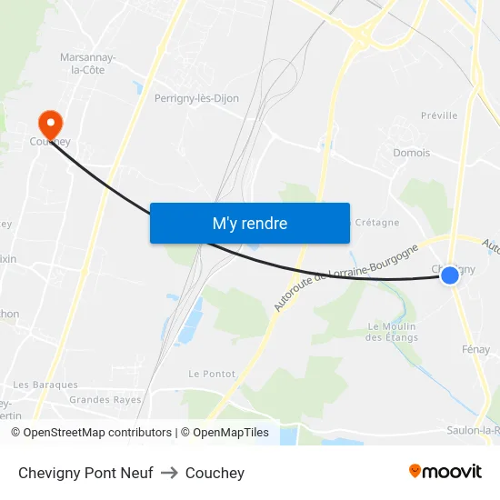 Chevigny Pont Neuf to Couchey map
