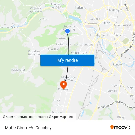 Motte Giron to Couchey map