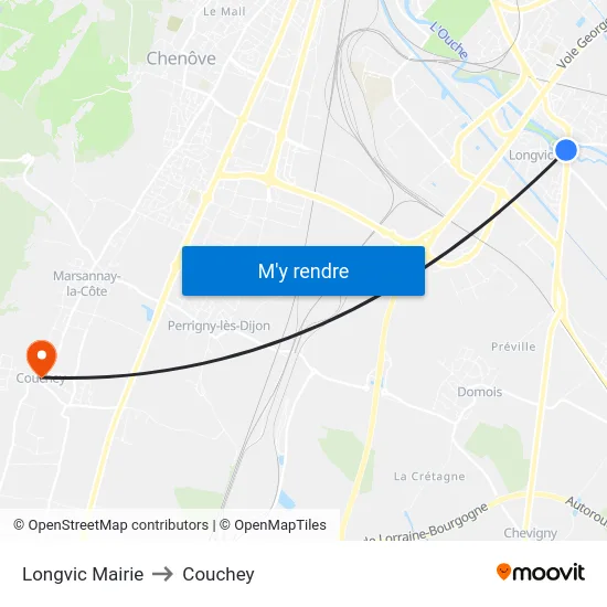 Longvic Mairie to Couchey map