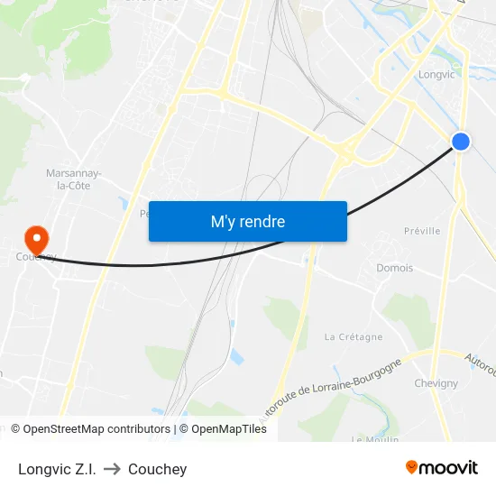 Longvic Z.I. to Couchey map