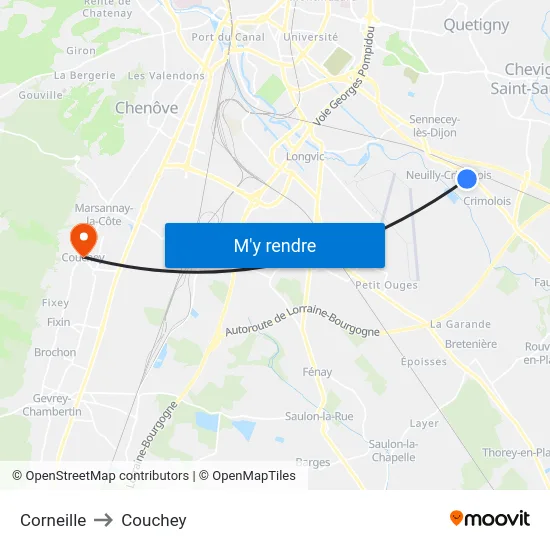 Corneille to Couchey map