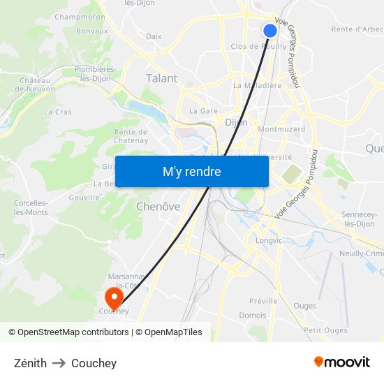 Zénith to Couchey map