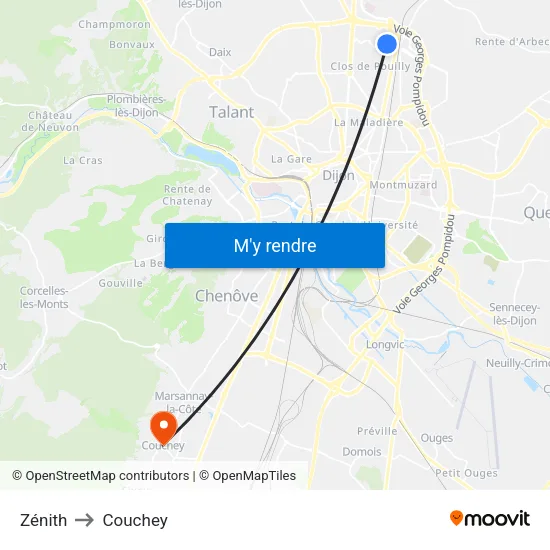 Zénith to Couchey map