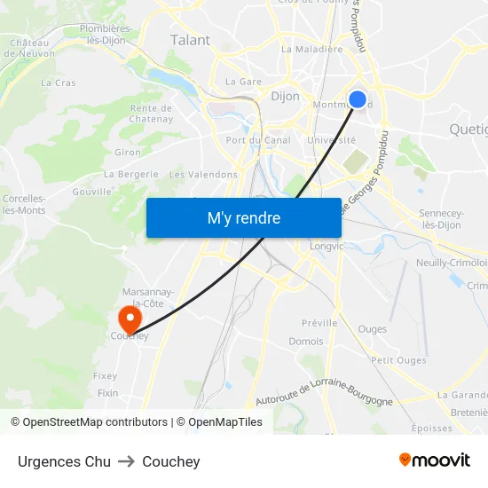 Urgences Chu to Couchey map
