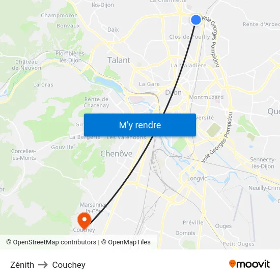 Zénith to Couchey map
