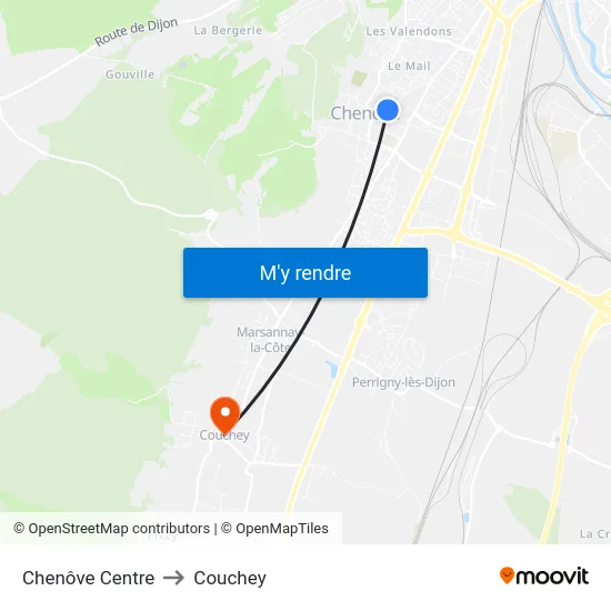 Chenôve Centre to Couchey map