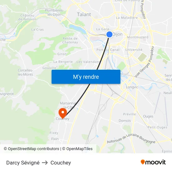 Darcy Sévigné to Couchey map